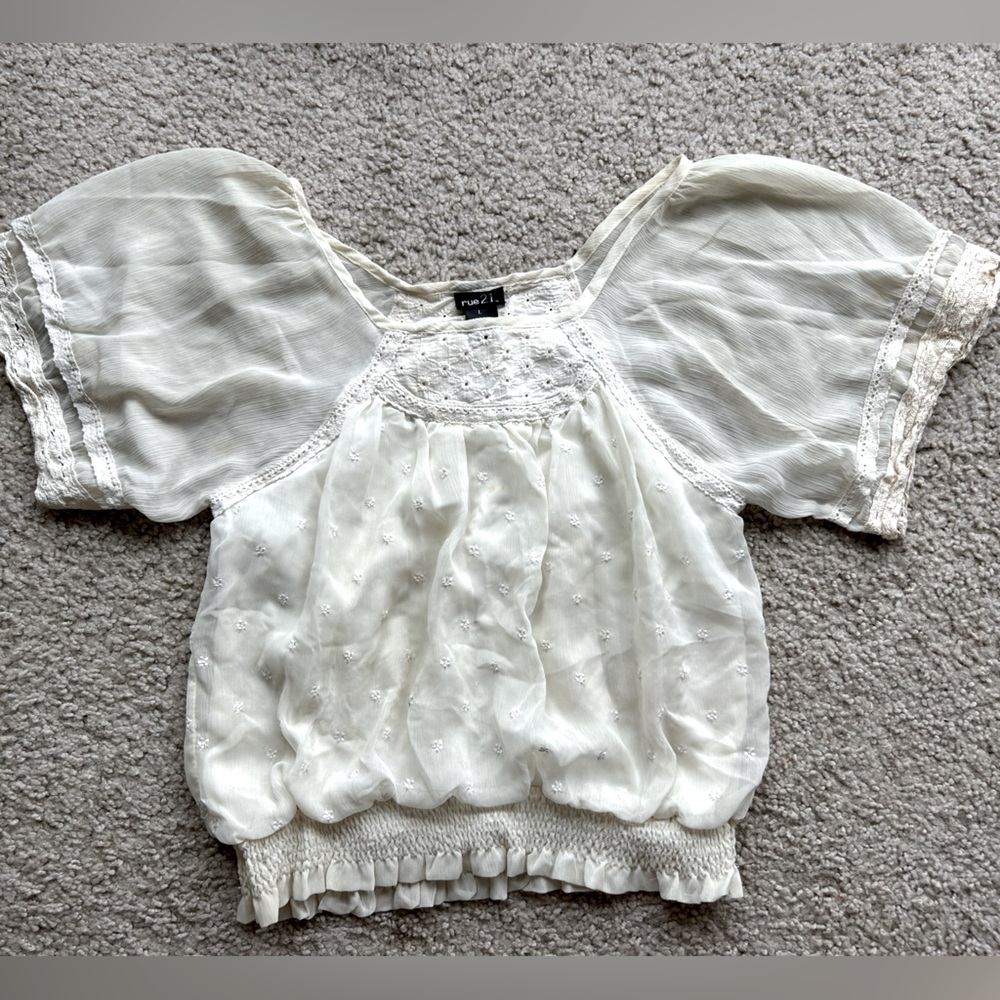 Rue21 Cream Puff Sleeve Blouse with Ruffled Smocked Details